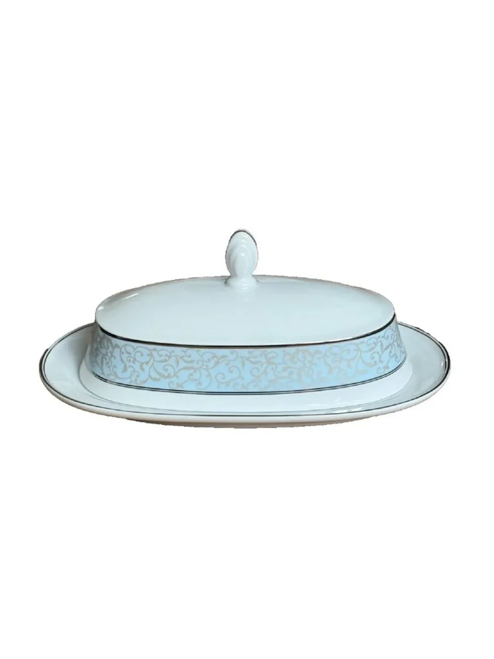 brand new w/ tags Mikasa PARCHMENT BLUE Covered Butter Dish w/ Platinum Scrolls